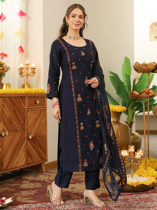 Blue Embroidered Poly Silk Straight Kurta Set