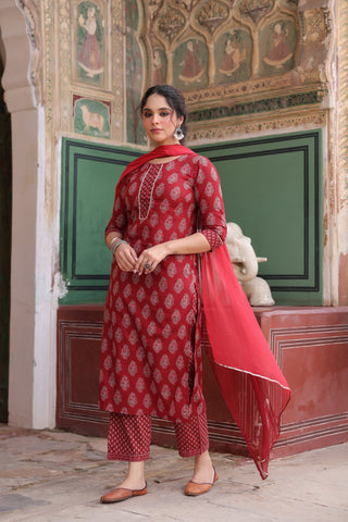 Women Ethnic Motifs Printed Regular Pure Cotton Kurta with Trousers & With Dupatta