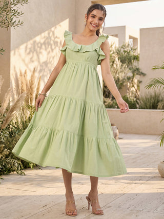Mint Green Solid Cotton Tiered Dress with Pocket