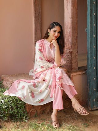 Pink Floral Print 3-Piece Straight Kurta Set