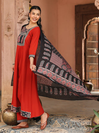 Red Printed 3-Piece Anarkali Kurta Set