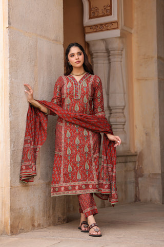 Women Ethnic Motifs Printed Pleated Pure Cotton Kurta with Trousers & With Dupatta