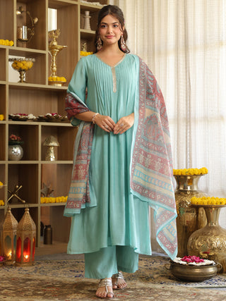 Light Blue Chanderi A-Line Kurta Set with Pocket