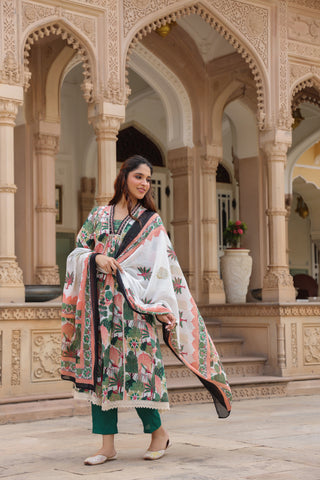 Women Floral Printed Cotton Anarkali Kurta with Trousers & Dupatta