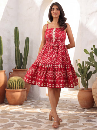 Berry Red Geometric Print Drawstring Dress