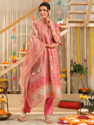 Pink Panel Print Straight Kurta Set with Pant Pocket