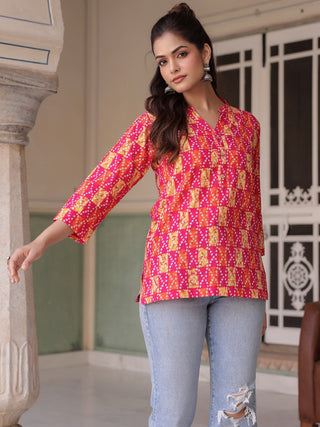 Women Printed Mandarin Collar Cotton Top