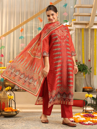 Red Panel Print Straight Kurta Set with Pant Pocket