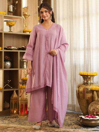 Lilac Lace Chanderi A-Line Kurta Set with Pocket