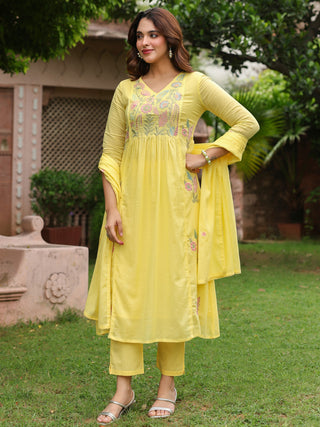 Yellow Floral Embroidered 3-Piece Anarkali Kurta Set