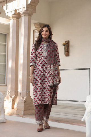 Grey Ethnic Motif Print 3-Piece Kurta Set