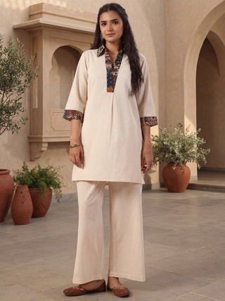 Womens Pure Cotton Floral Printed Shirt Collar Solid Tunic with Trousers