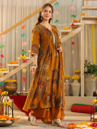 Mustard Floral Chanderi A-Line Kurta Set with Pocket