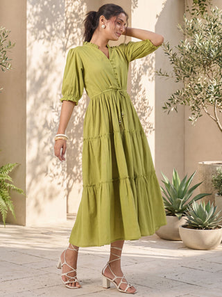 Olive Green Solid Flared Midi Dress with V-Neck Mandarin Collar