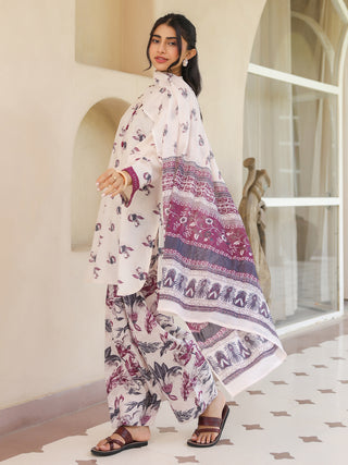 Off White Ethnic Motif Print Lace 3-Piece A-Line Kurta Set