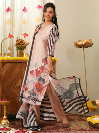 Peach Panel Print Chanderi Straight Kurta Set