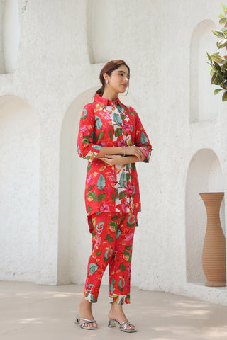 Printed Shirt Collar Pure Cotton High Low Tunic With Trousers