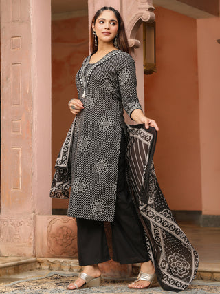 Black Printed 3-Piece Straight Kurta Set