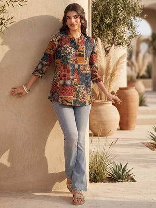 Print Mandarin Collar Ethnic Cotton Top
