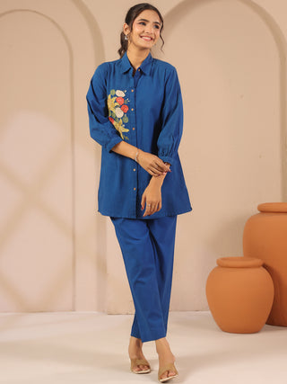 Blue cotton solid shirt style tunic cord set with matching tousers