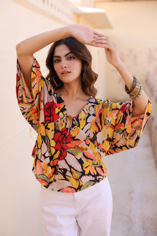 Floral Print Kimono Sleeve Kaftan Top
