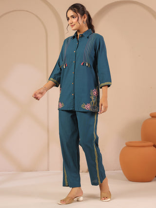 Teal blue solid embroidered cord set with shirt style tunic and matching trouser