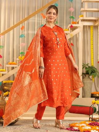Orange Ethnic Motif Print Rayon Straight Kurta Set With Pant Pocket