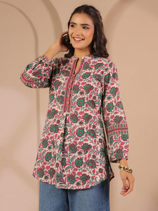 Green Floral Print Cotton Mandarin Collar Top