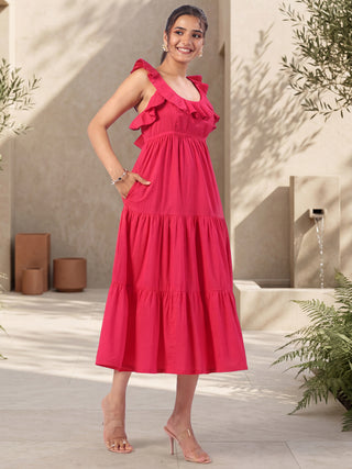 Pink Solid Cotton Tiered Dress with Pocket