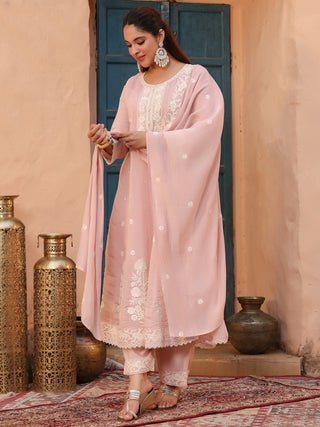Peach Embroidered Lace 3-Piece Anarkali Kurta Set