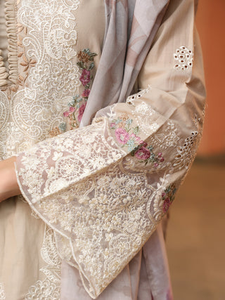 Beige Floral Embroidered 3-Piece Straight Kurta Set