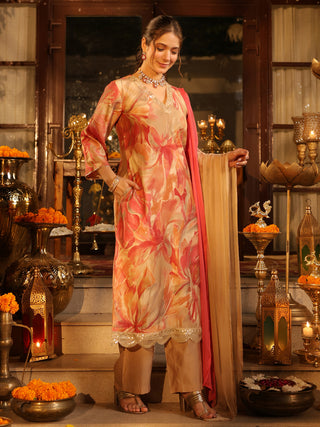 Beige Floral Print Straight Kurta Set with Pocket