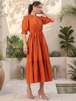 Rust Solid Flared Midi Dress with V-Neck Mandarin Collar