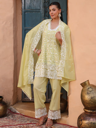 Lime Floral Embroidered Lace 3-Piece Straight Kurta Set