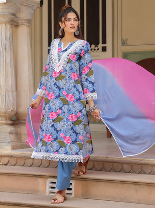 Blue Floral Print Lace 3-Piece Kurta Set