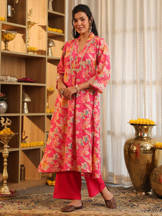 Fuchsia Pink Floral Print A-Line Kurta Set with Pocket