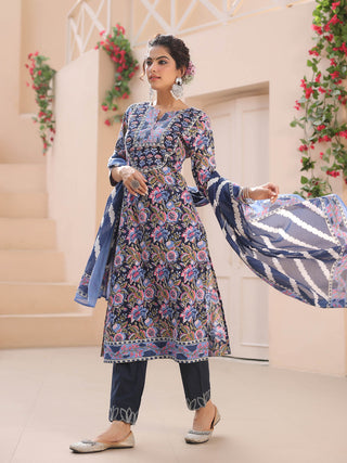 Women Blue Floral Printed Pure Cotton Straight Kurta With Trouser And Dupatta