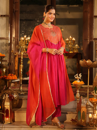Pink Orange Embroidered Anarkali Kurta Set with Pocket