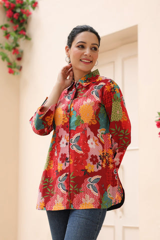 Women Floral Printed Shirt Collar Cotton Top