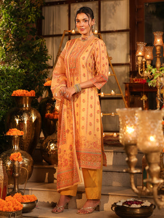 Yellow Panel Print Chanderi Straight Kurta Set With Pant Pocket
