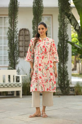 Cream Abstract Print Lace Kurta