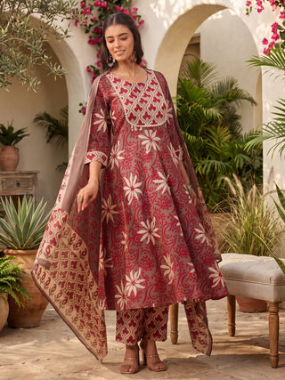 Grey Ethnic Motif Print Fit & Flare 3-Piece Anarkali Kurta Set