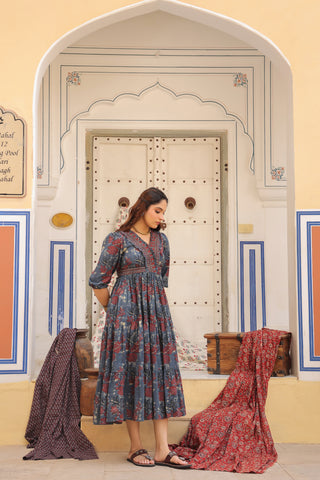 Printed V-Neck Fit and Flare Ethnic Dresses