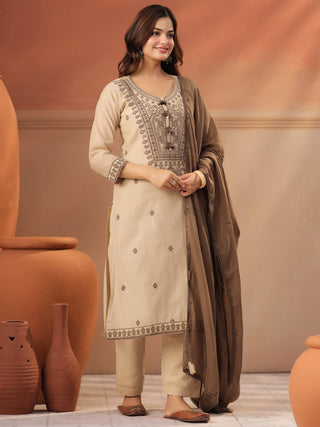 Women Ethnic Motifs Embroidered Regular Thread Work Chanderi Cotton Kurta with Trousers & Dupatta Set