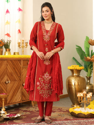 Deep Red Floral Embroidered Cotton Straight Kurta Set