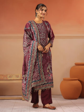 Wine panel printed silk blend kurta set with solid trousers and printed dupatta