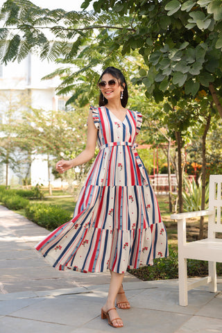 Beige Striped Fit & Flare Dress