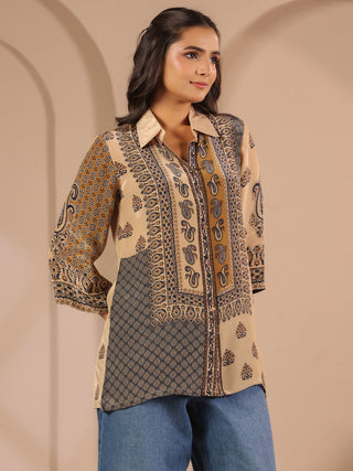 Beige ethnic printed crepe shirt