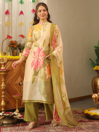 Cream Floral Straight Kurta Set with Pant Pocket