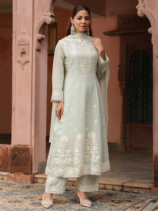 Mint Green Embroidered Lace 3-Piece Anarkali Kurta Set